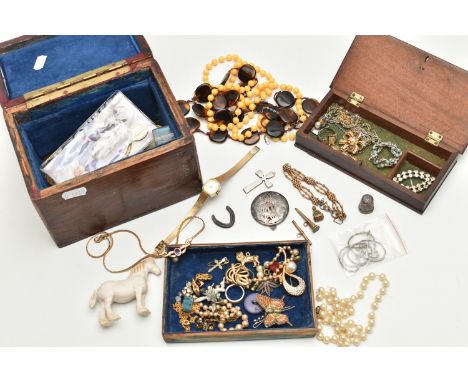 TWO WOODEN BOXES WITH COSTUME JEWELLERY, to include a gold plated gate bracelet, a ladys 'Timex' wristwatch, a small gold pla