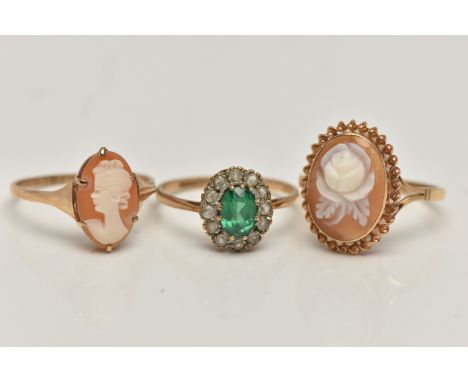 THREE 9CT GOLD GEM SET RINGS, to include a cameo ring displaying a rose, collet set with a fine rope twist surround, bifurcat