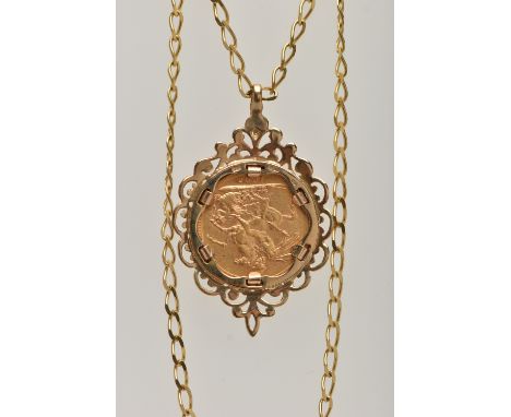A FULL SOVEREIGN PENDANT AND CHAIN, late Victorian full sovereign, dated 1885, in an open work scroll surmount, hallmarked 9c