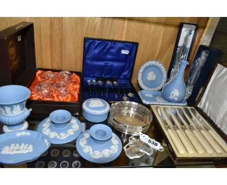 EIGHT PIECES OF WEDGWOOD PALE BLUE JASPERWARE GIFTWARE, SILVER AND PLATE, ETC, comprising a pair of Elizabeth II silver decan