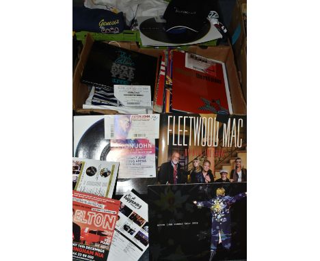 TWO BOXES OF POP MUSIC MEMORABILIA to include a collection of 25 tour 'T' Shirts (appear unused) from Rod Stewart, Phil Colli