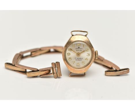 A LADYS 9CT GOLD WRISTWATCH, manual wind, round silver dial signed 'Langton Swiss', Arabic numerals, polished case, inside ca