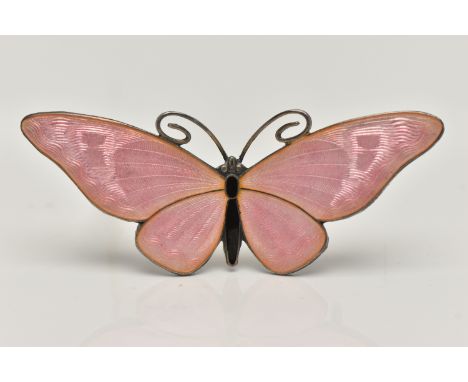 A LARGE GUILLOCHE ENAMEL BUTTERFLY BROOCH, a white metal butterfly brooch with black enamel detail to the body, pink guilloch