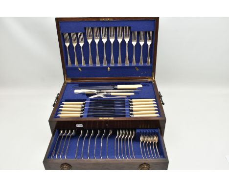 A WOODEN CANTEEN AND OTHER CUTLERY, hinged wooden canteen with drawer, complete with EP cutlery, a Victorian silver caddy spo