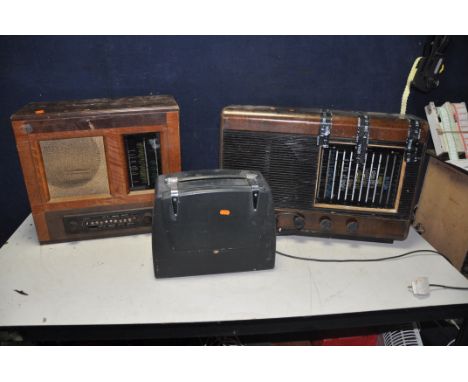 THREE VINTAGE PYE RADIOS comprising of a A39J/H valve radio in a distressed walnut case, a WFU1G24 valve radio in walnut case