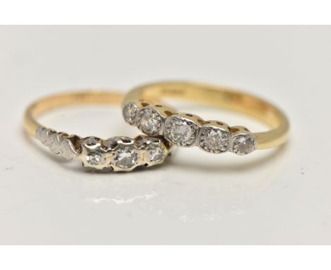 TWO DIAMOND RINGS, the first an 18ct gold five stone diamond ring, set with three round brilliant cut diamonds and two single