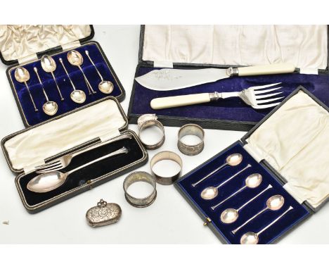 A BOX OF ASSORTED SILVER ITEMS, to include a cased set of seven golfing teaspoons, each hallmarked Birmingham, a cased set of