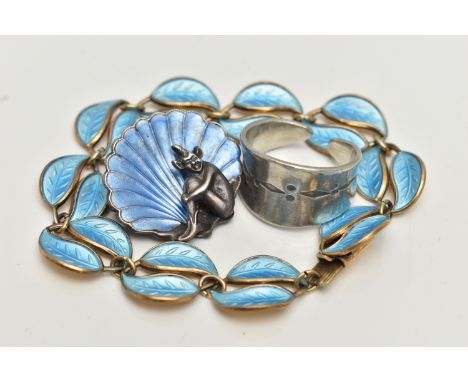 THREE ITEMS OF JEWELLERY, to include a light blue enamel  Norwegian David Andersen leaf bracelet, with maker's marks, stamped