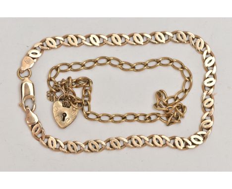TWO 9CT GOLD BRACELETS, the first an oval link bracelet fitted with a heart padlock clasp, hallmarked 9ct London, with additi