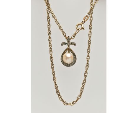 A CULTURED PEARL AND DIAMOND PENDANT NECKLACE, the pendant set with a single cultured cream pearl with a pink hue, and single