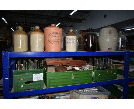 THREE BOXES AND LOOSE  BOTTLES AND SUNDRY ITEMS, to include four stoneware bottles, three of which are marked 'S. R. D.', the