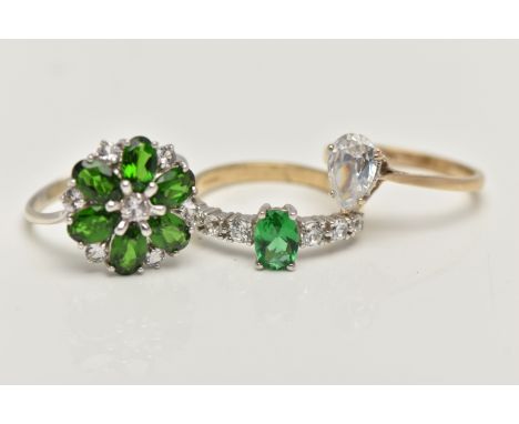 THREE 9CT GOLD GEM SET RINGS, to include a white gold, demantoid garnet and colourless sapphire cluster ring, hallmarked 9ct 