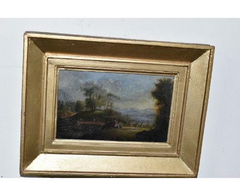 A 19TH CENTURY CONTINENTAL LANDSCAPE WITH FIGURES, three figures are dancing while others look on, castle and hills to the di