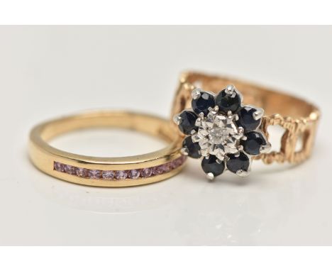 TWO 9CT GOLD GEM SET RINGS, the first a blue sapphire and diamond flower cluster, open work textured shoulders hallmarked 9ct