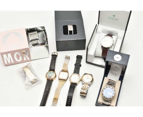 A BOX OF EIGHT WRISTWATCHES, names to include Seiko, Morgan, Playboy, Acctim, Sekonda and Accurist, (condition report: watche