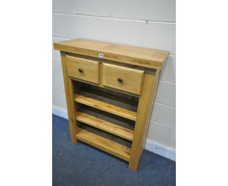 A SOLID LIGHT OAK OPEN BOOKCASE, with two drawers, width 84cm x depth 33cm x height 111cm (condition:-good)