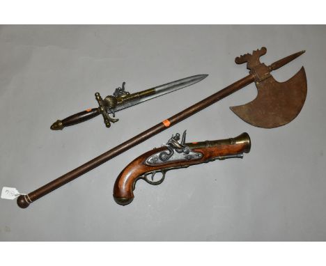 A COPY OF A MEDIEVAL HAND AXE, a replica flintlock pistol and a replica flintlock knife pistol (3)