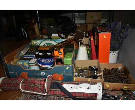 FIVE BOXES OF ASSORTED SUNDRIES, VINTAGE TINS AND CLOCKS, a large collection of vintage advertising bottle openers to include