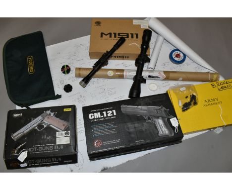 A BOXED BB GAS OPERATED COPY OF THE COLT MODEL 1911A PISTOL BY ARMY ARMAMENT, model R31-C, together with two rifle scopes, a 