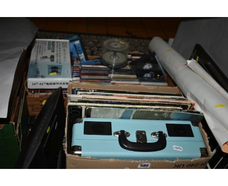 TWO BOXES AND LOOSE CDS, DVDS, LP RECORDS,FILM POSTERS AND ELECTRICAL ITEMS ETC, to include a Bush record player, Panasonic S
