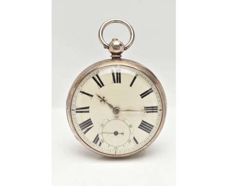 A SILVER OPEN FACE POCKET WATCH, key wound, round white dial, Roman numerals, subsidiary seconds dial at the six o'clock posi