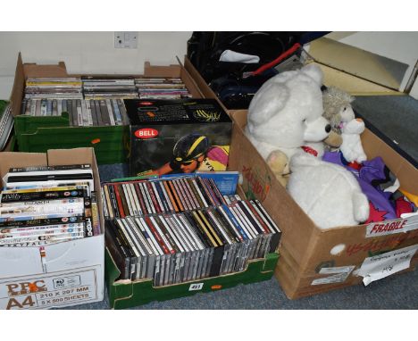 FOUR BOXES AND LOOSE DVDS, CDS, BAGS AND SUNDRY ITEMS, to include approximately ninety DVDs and DVD box sets, including TV bo