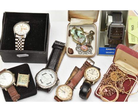 A BOX OF ASSORTED ITEMS, to include a boxed 'Casio' wristwatch, a boxed 'Citizen automatic' 21 jewels wristwatch, other watch