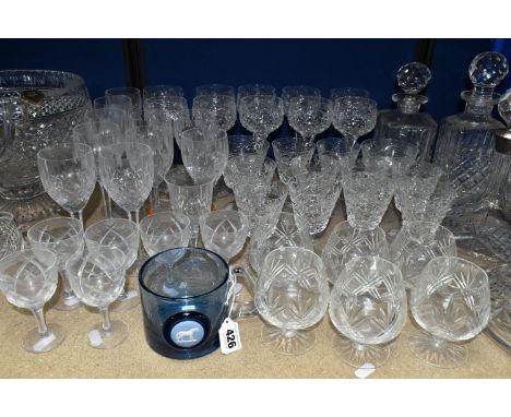 A GROUP OF CUT CRYSTAL DECANTERS, STUART CRYSTAL PUNCH SET AND DRINKING GLASSES, comprising a pair of ship's decanters with s