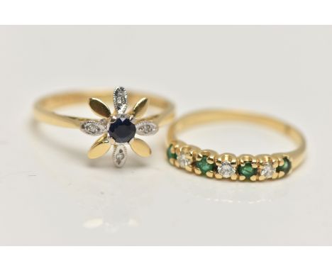 TWO 18CT GOLD GEM SET RINGS, the first a blue sapphire and diamond flower ring, hallmarked 18ct London, ring size L, the seco