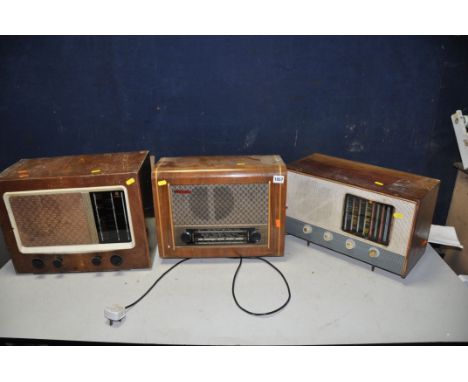 THREE VINTAGE PYE VALVE RADIOS (spares or repairs) comprising of a P445U in mahogany case, a Type 65A in walnut case and a P7