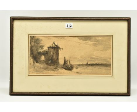 CIRCLE OF WILLIAM JAMES MULLER (1812-1845) A STUDY FOR A LANDSCAPE WITH TOWER BESIDE A RIVER, unsigned, ink wash on paper, ap