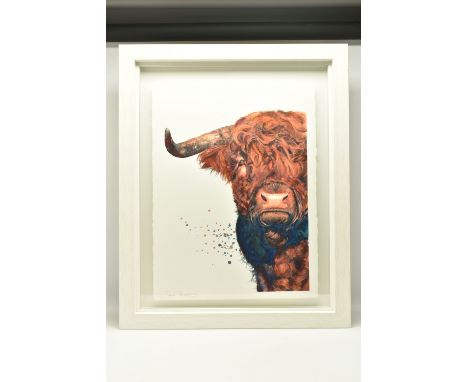 SARAH STOKES (BRITISH CONTEMPORARY) 'THE BOY', a portrait of a young bull, signed bottom left, watercolour on paper, approxim