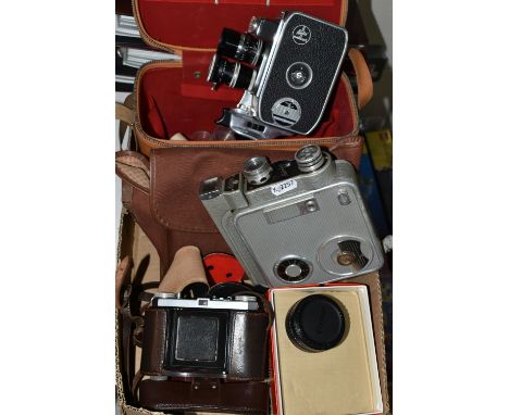 A BOX OF CAMERAS AND RELATED EQUIPMENT, comprising cased Bolex Paillard B8SL and Meopta Admira 8F cine cameras, a cased Vivit