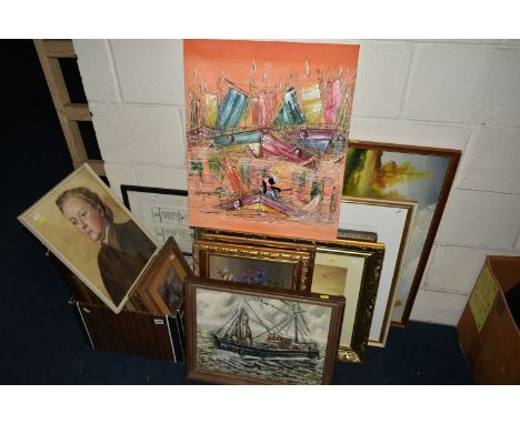 A BOX AND LOOSE PAINTINGS AND PRINTS ETC, to include portrait of a female figure wearing a brown dress circa 1940s, indistinc