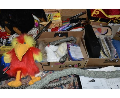 FIVE BOXES OF MAGICIAN'S PROPS AND EQUIPMENT, to include faux rabbits, snakes, parrot, foam doves, umbrellas, etc. (s.d) (5 b