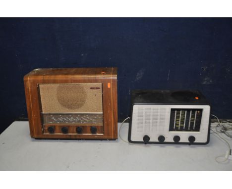 TWO VINTAGE PYE VALVE RADIOS comprising of a P76 in a walnut veneered cabinet and a P46 in a black Bakelite cabinet with a wh