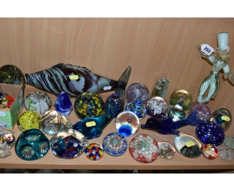 A LARGE QUANTITY OF GLASS PAPERWEIGHTS AND STUDIO GLASS FIGURES, comprising a clear, white and gold Murano -Seguso style figu