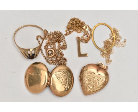 A 9CT GOLD GARNET SIGNET RING AND OTHER PIECES OF JEWELLERY, the signet ring designed as an oval cut garnet in a ten claw set
