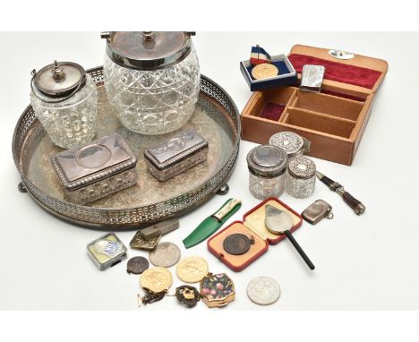 A BOX OF ASSORTED ITEMS, to include a silver vesta, hallmarked Chester 1909, approximate gross weight 12 grams, two glass jar