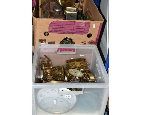 THREE BOXES OF CLOCKS, CLOCK PARTS AND BOOKS, to include brass clock mechanisms, glass fronts, bezels, pendulums, keys, three