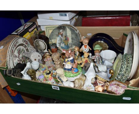 TWO BOXES OF ORNAMENTS AND FRAMED PICTURES, to include two Alfred Meakin 'Bengal Tree' pattern plates, a Lomonosov chipmunk U