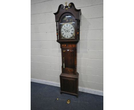 A GEORGIAN MAHOGANY AND CROSSBANDED EIGHT DAY LONGCASE CLOCK, the hood with a swan neck pediment, eagle pediment, turned pill