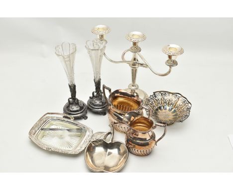 A BOX OF ASSORTED WHITE METAL WARE, to include an EPNS sugar bowl and milk jug, a three branch candlestick holder, a silver p