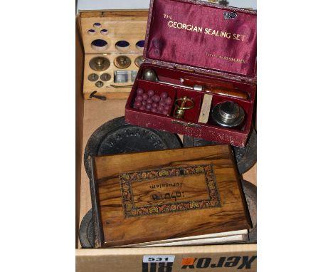 A BOX OF WEIGHTS, SEALING SET AND A PRESSED FLOWER SOUVENIR ALBUM, comprising a fitted wooden case of weights in grams and mi