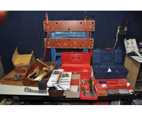 THREE TOOLBOXES AND TWO WOODEN TRAYS CONTAINING TOOLS, including a folding work bench, soldering irons (untested) drill bits,