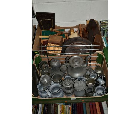 TWO BOXES OF TREEN AND PEWTER ETC, to include a James Dixon teapot, gourd shaped teapot, tankards, wooden storage boxes, carv
