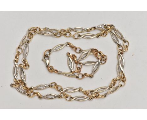 A BI-COLOUR CHAIN AND MATCHING BRACELET, designed with alternating white metal twist links interspaced with yellow metal jump
