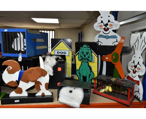 A LARGE QUANTITY OF VINTAGE ANIMAL THEMED MAGICIAN'S WOODEN MAGIC PROPS, comprising a 1970's 'Run Rabbit Run' by Mak Magic, b
