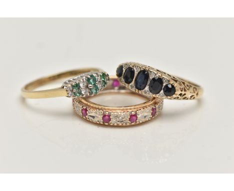 THREE 9CT GOLD GEM SET RINGS, to include a blue sapphire and diamond boat ring, hallmarked 9ct Sheffield, ring size N 1/2, a 