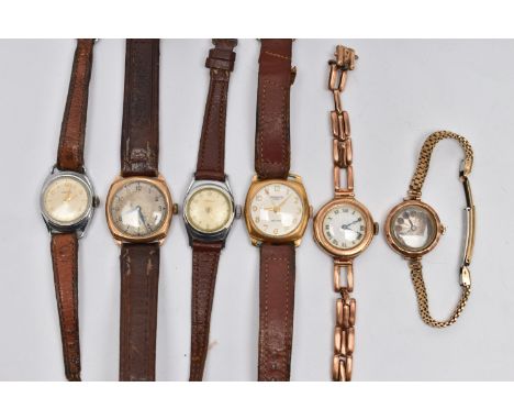 AN ASSORTMENT WRISTWATCHES, to include a gents 9ct gold wristwatch, hallmarked 9ct Birmingham, fitted with a brown leather st
